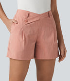 Asymmetric Mid Rise Linen-Feel Work Baggy Shorts 5'' with Pockets — Terra Blush — view 5