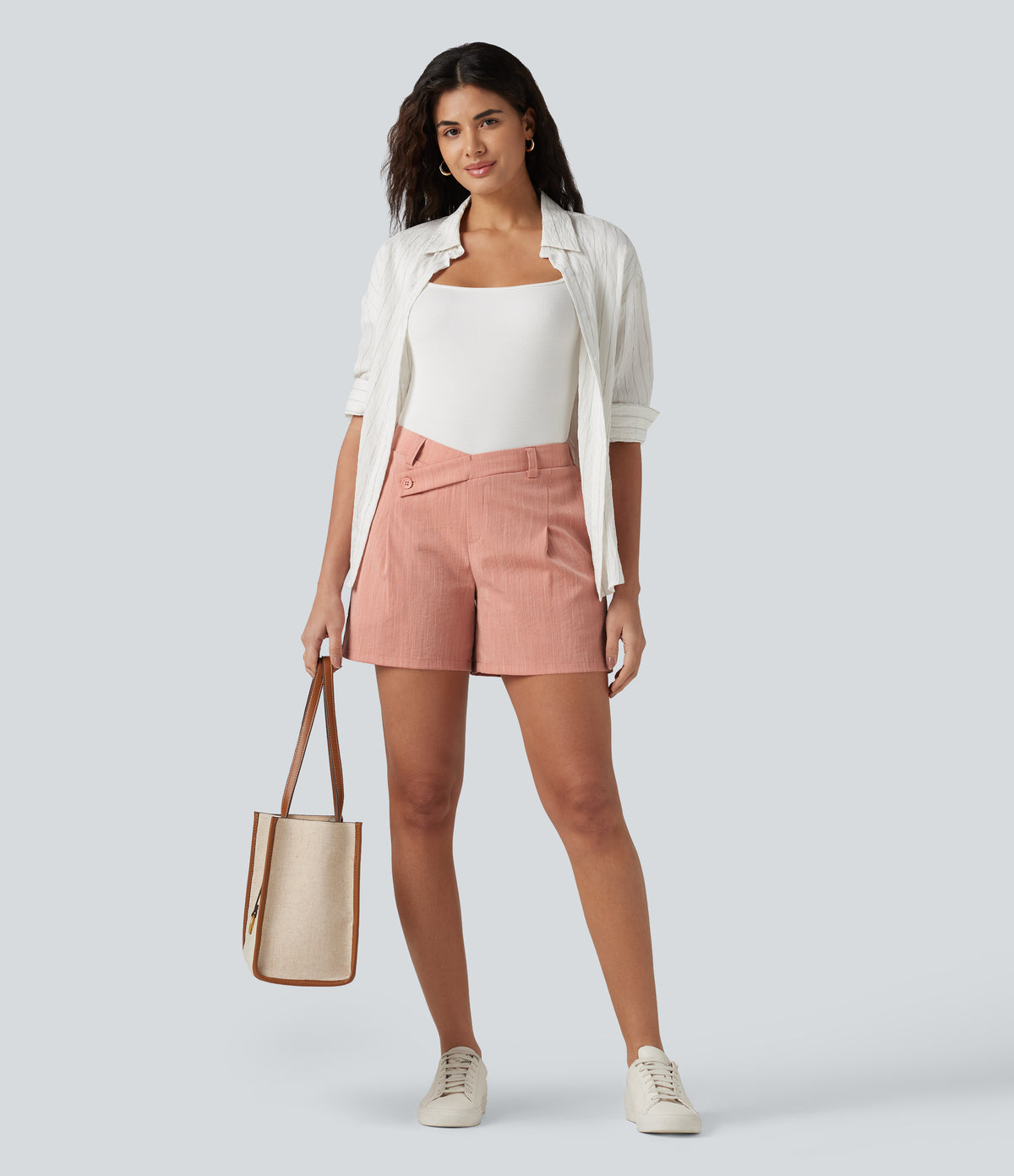 Asymmetric Mid Rise Linen-Feel Work Baggy Shorts 5'' with Pockets — Terra Blush — view 8