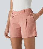 Asymmetric Mid Rise Linen-Feel Work Baggy Shorts 5'' with Pockets — Terra Blush — view 4