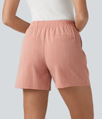 Asymmetric Mid Rise Linen-Feel Work Baggy Shorts 5'' with Pockets — Terra Blush — view 6