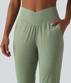 High Waisted Crossover Tapered Yoga Joggers with Pockets — Asparagus — view 4