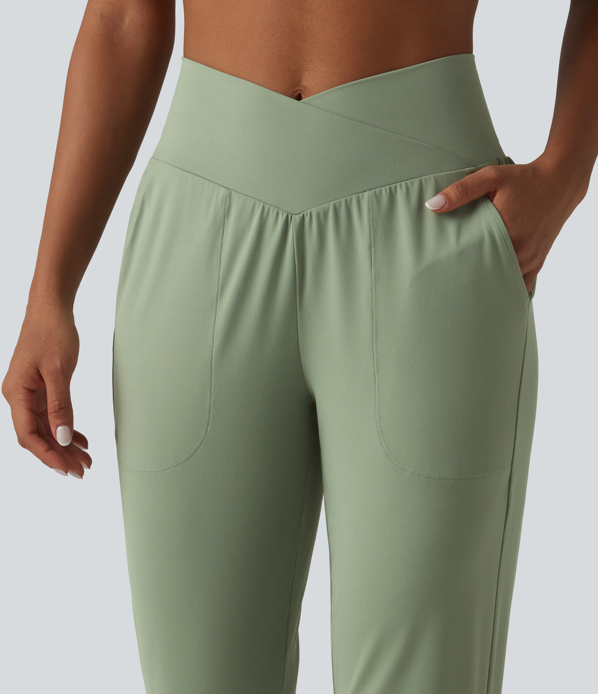 High Waisted Crossover Tapered Yoga Joggers with Pockets — Asparagus — view 4