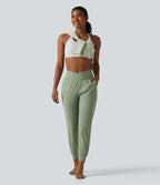 High Waisted Crossover Tapered Yoga Joggers with Pockets — Asparagus — view 5