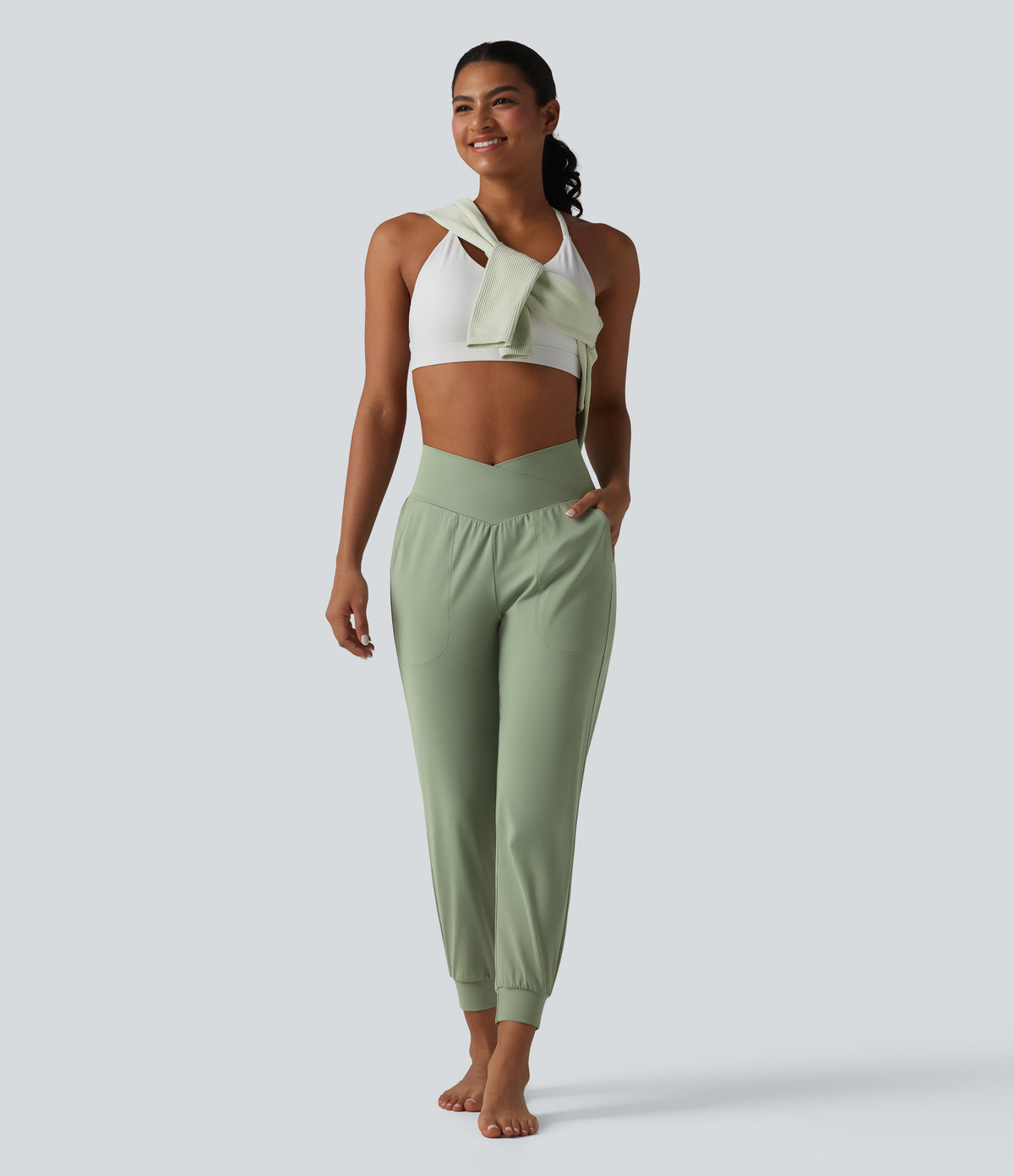 High Waisted Crossover Tapered Yoga Joggers with Pockets — Asparagus — view 5
