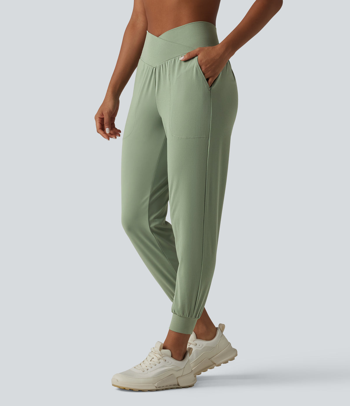 High Waisted Crossover Tapered Yoga Joggers with Pockets — Asparagus — view 3