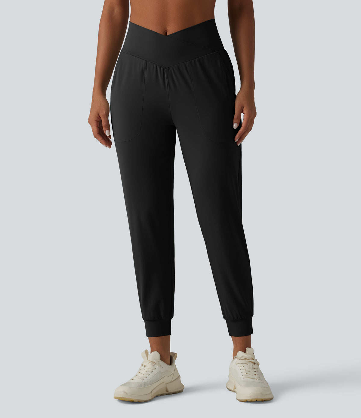 High Waisted Crossover Tapered Yoga Joggers with Pockets — Black — view 6