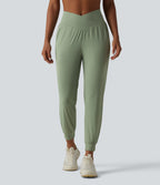 High Waisted Crossover Tapered Yoga Joggers with Pockets — Asparagus — view 1