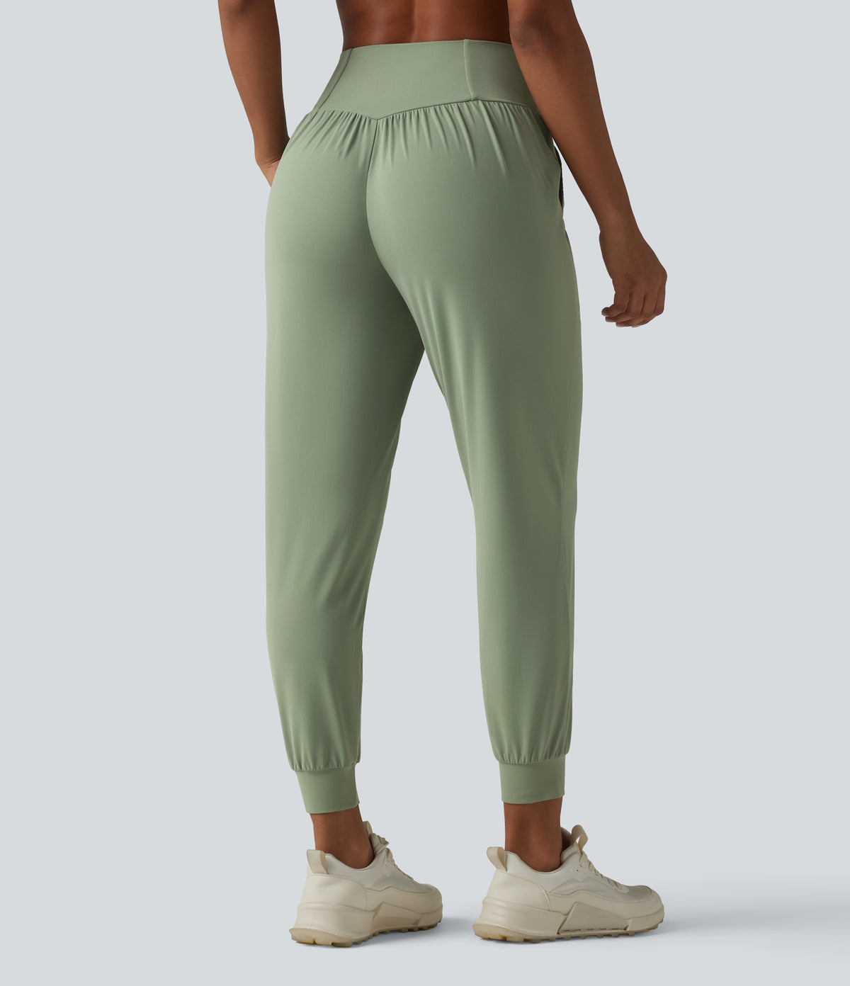 High Waisted Crossover Tapered Yoga Joggers with Pockets — Asparagus — view 2