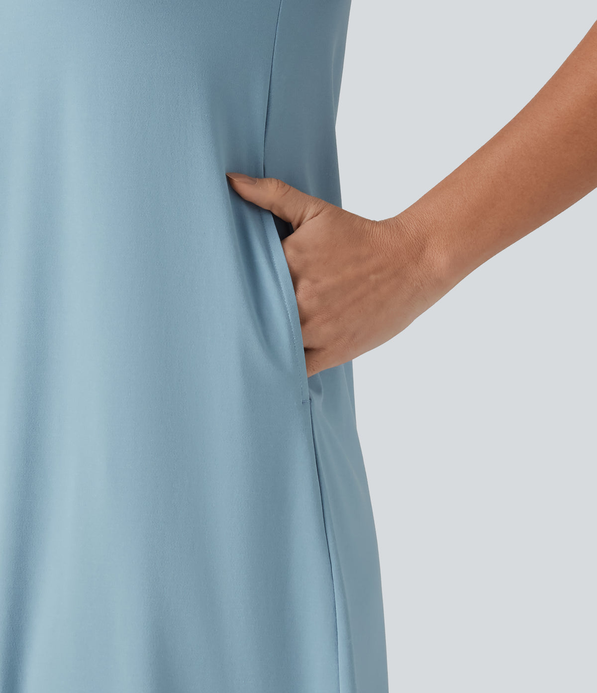 Round Neck Short Sleeve Midi Casual Dress with Pockets — Moon Ice Blue — view 4