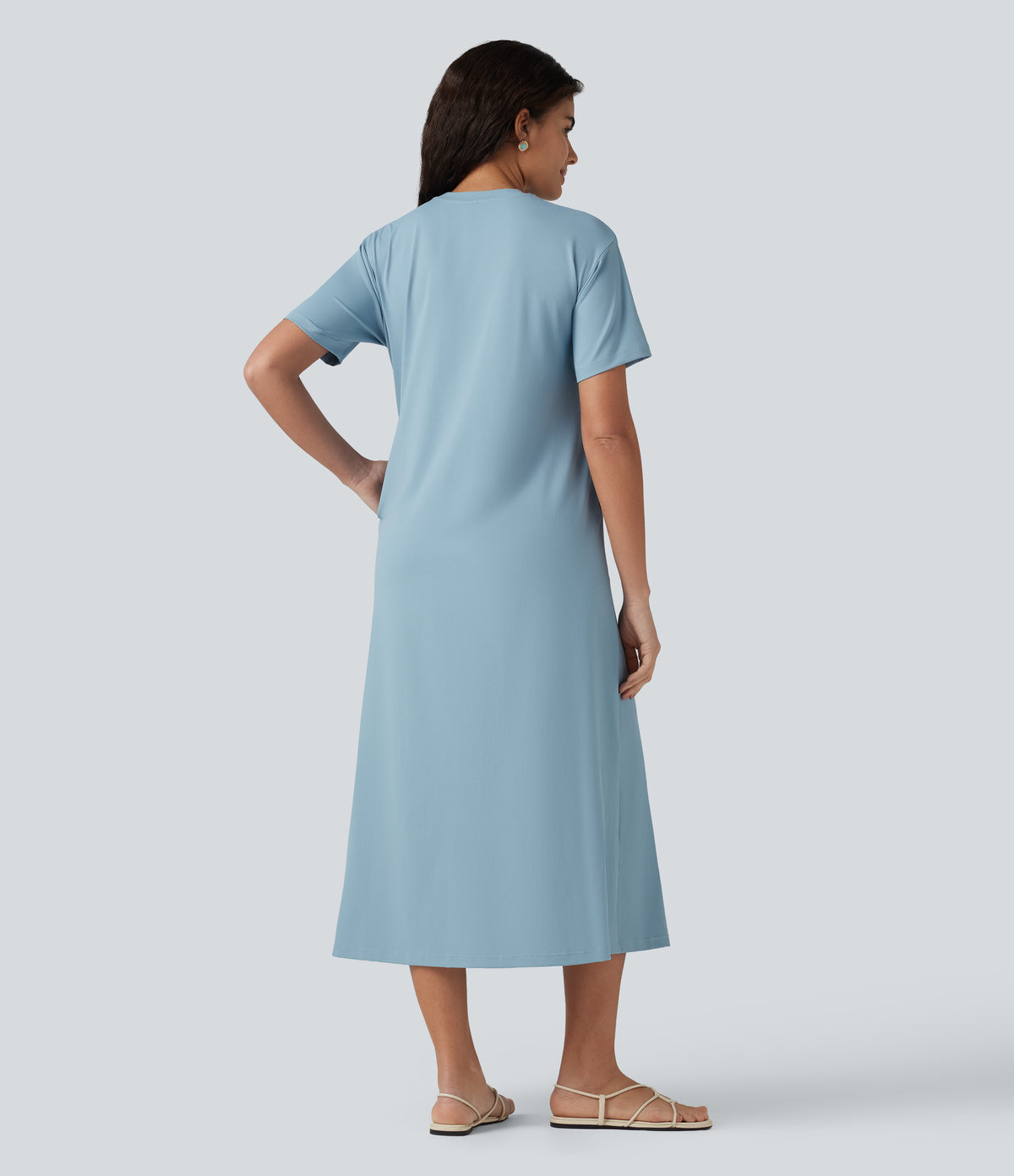 Round Neck Short Sleeve Midi Casual Dress with Pockets — Moon Ice Blue — view 2