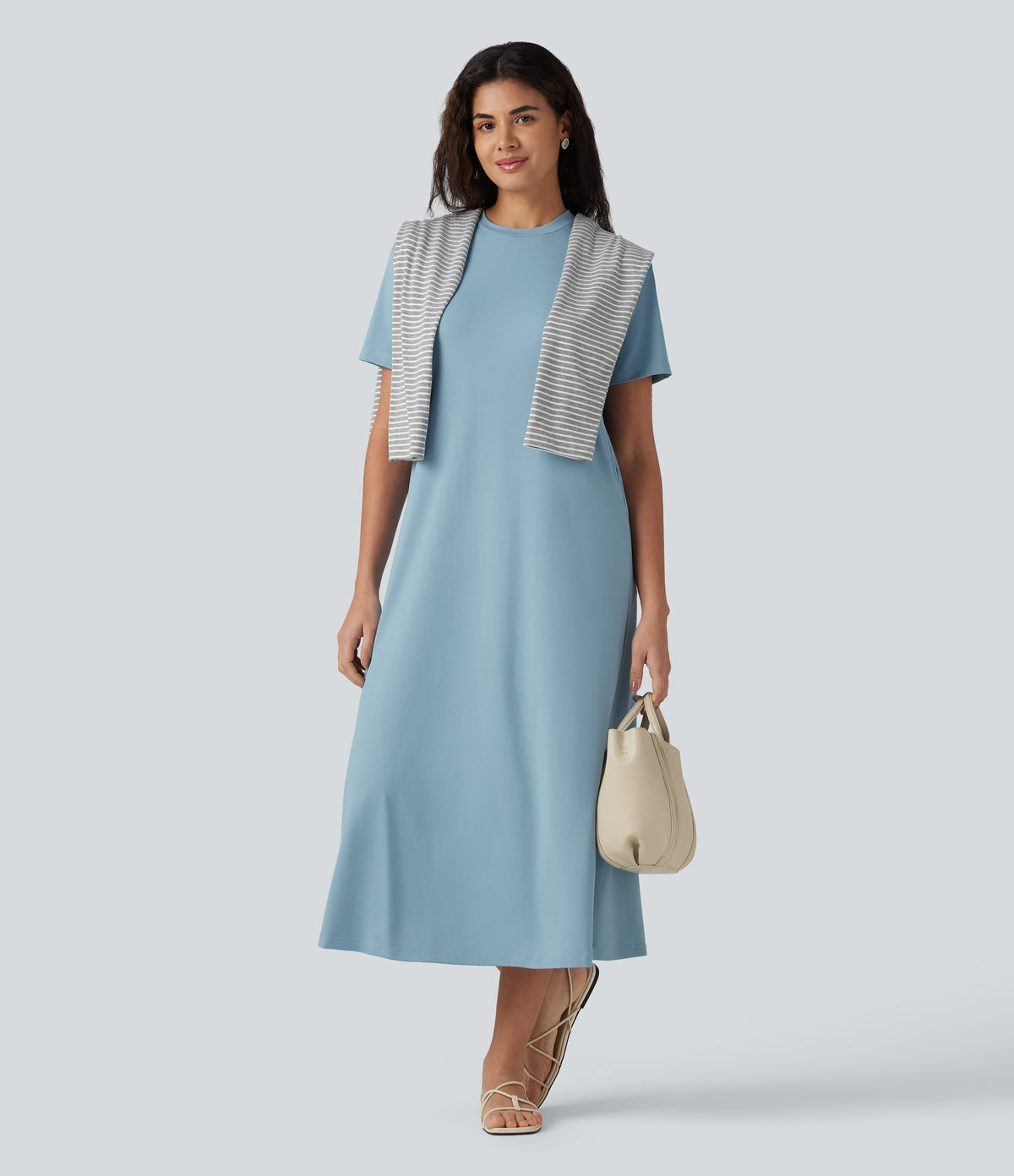 Round Neck Short Sleeve Midi Casual Dress with Pockets — Moon Ice Blue — view 6