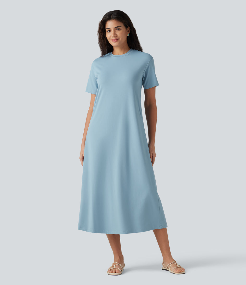 Round Neck Short Sleeve Midi Casual Dress with Pockets — Moon Ice Blue — view 1