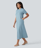 Round Neck Short Sleeve Midi Casual Dress with Pockets — Moon Ice Blue — view 3