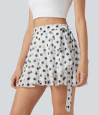 High Waisted Tie Side 2-in-1 Flowy Polka Dot Mesh Micro Mini Flare Skirt with Pocket — Classic Noir Dot — view 4