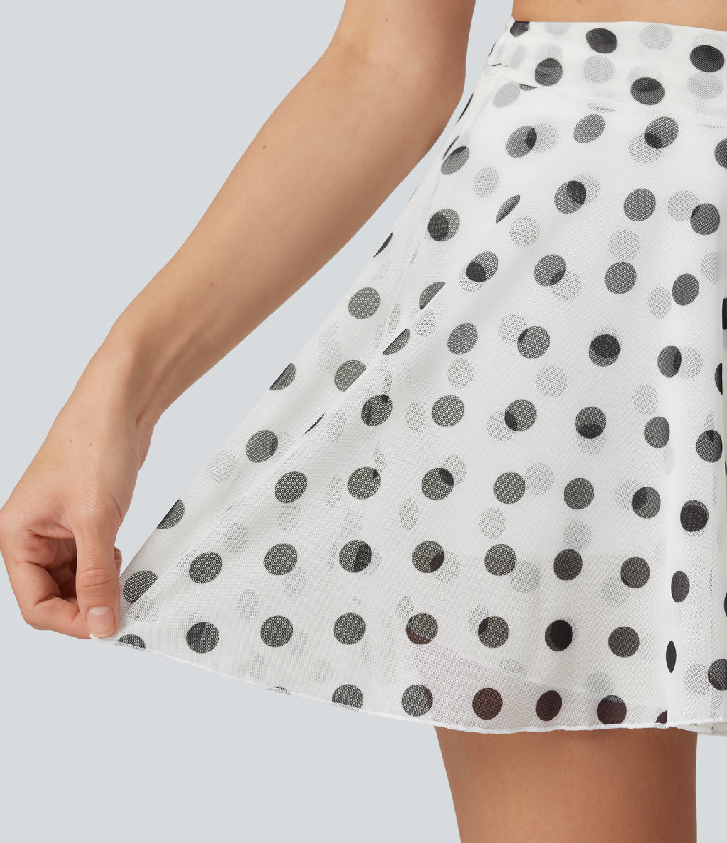 High Waisted Tie Side 2-in-1 Flowy Polka Dot Mesh Micro Mini Flare Skirt with Pocket — Classic Noir Dot — view 8