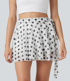 High Waisted Tie Side 2-in-1 Flowy Polka Dot Mesh Micro Mini Flare Skirt with Pocket — Classic Noir Dot — view 3