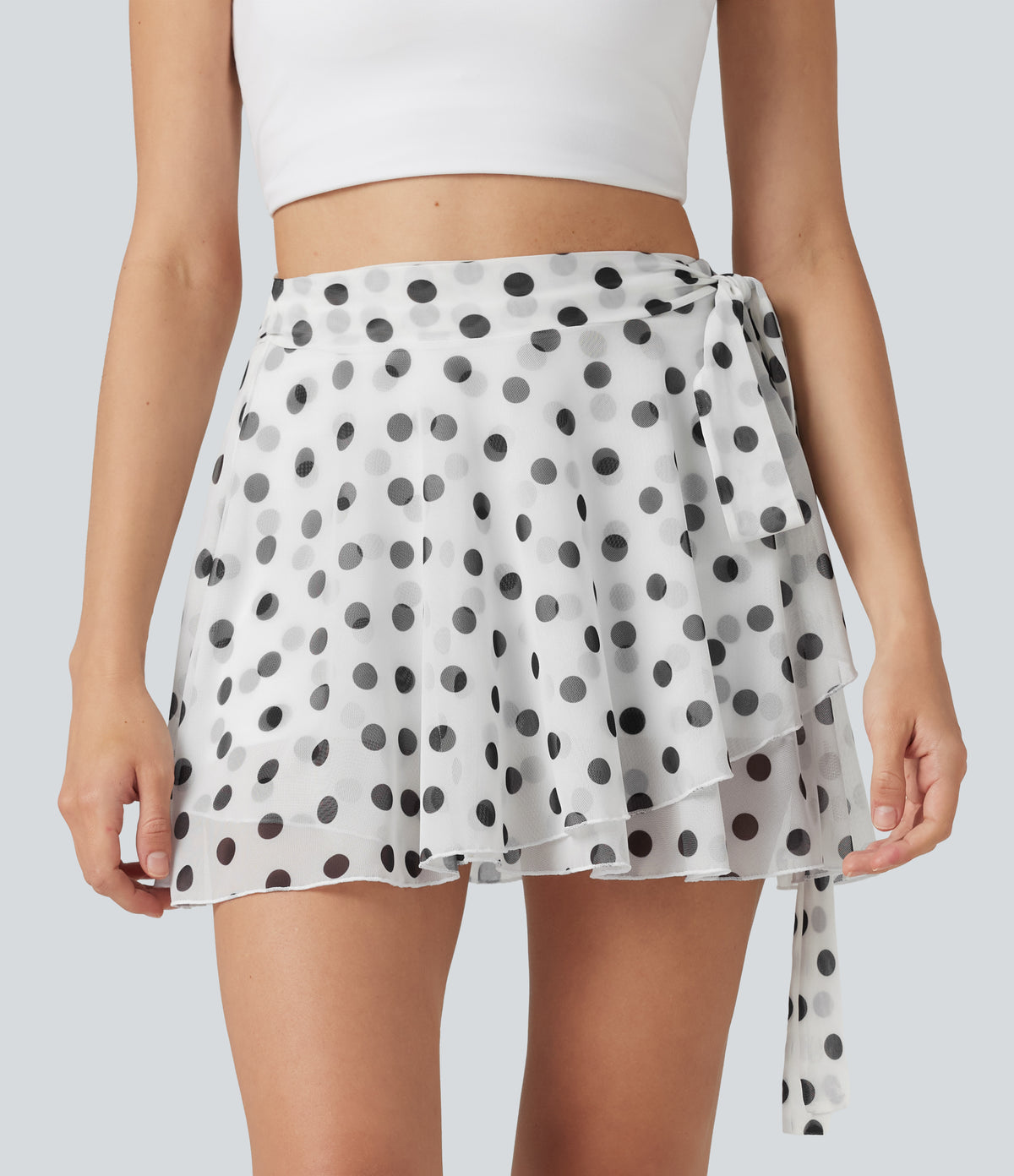 High Waisted Tie Side 2-in-1 Flowy Polka Dot Mesh Micro Mini Flare Skirt with Pocket — Classic Noir Dot — view 3