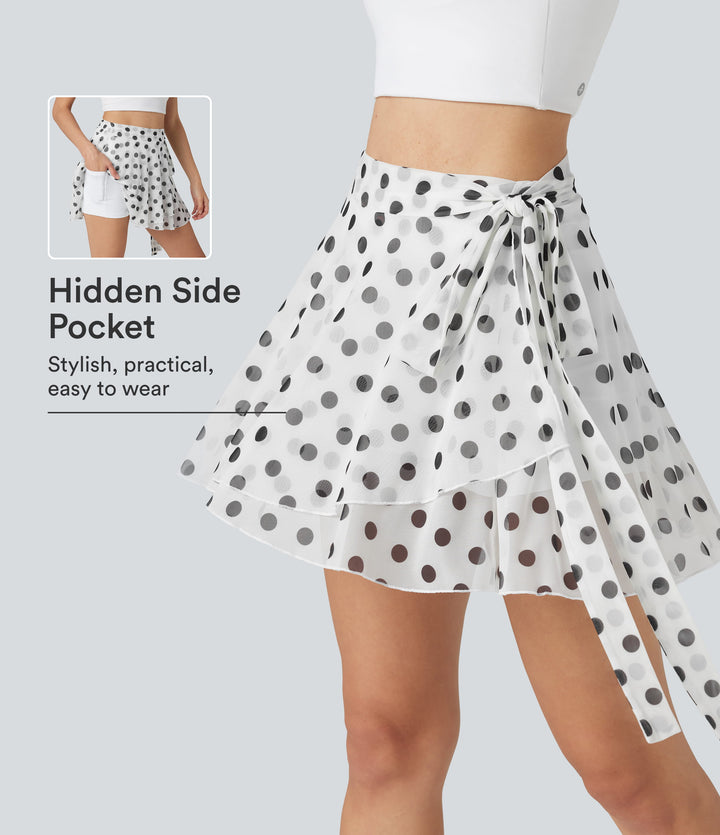 High Waisted Tie Side 2-in-1 Flowy Polka Dot Mesh Micro Mini Flare Skirt with Pocket — Classic Noir Dot — view 1