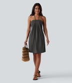 Halter Tie Back Built-in Bra Longer Mini Dress with Pockets — Darl Gray Floral Yarn — view 5