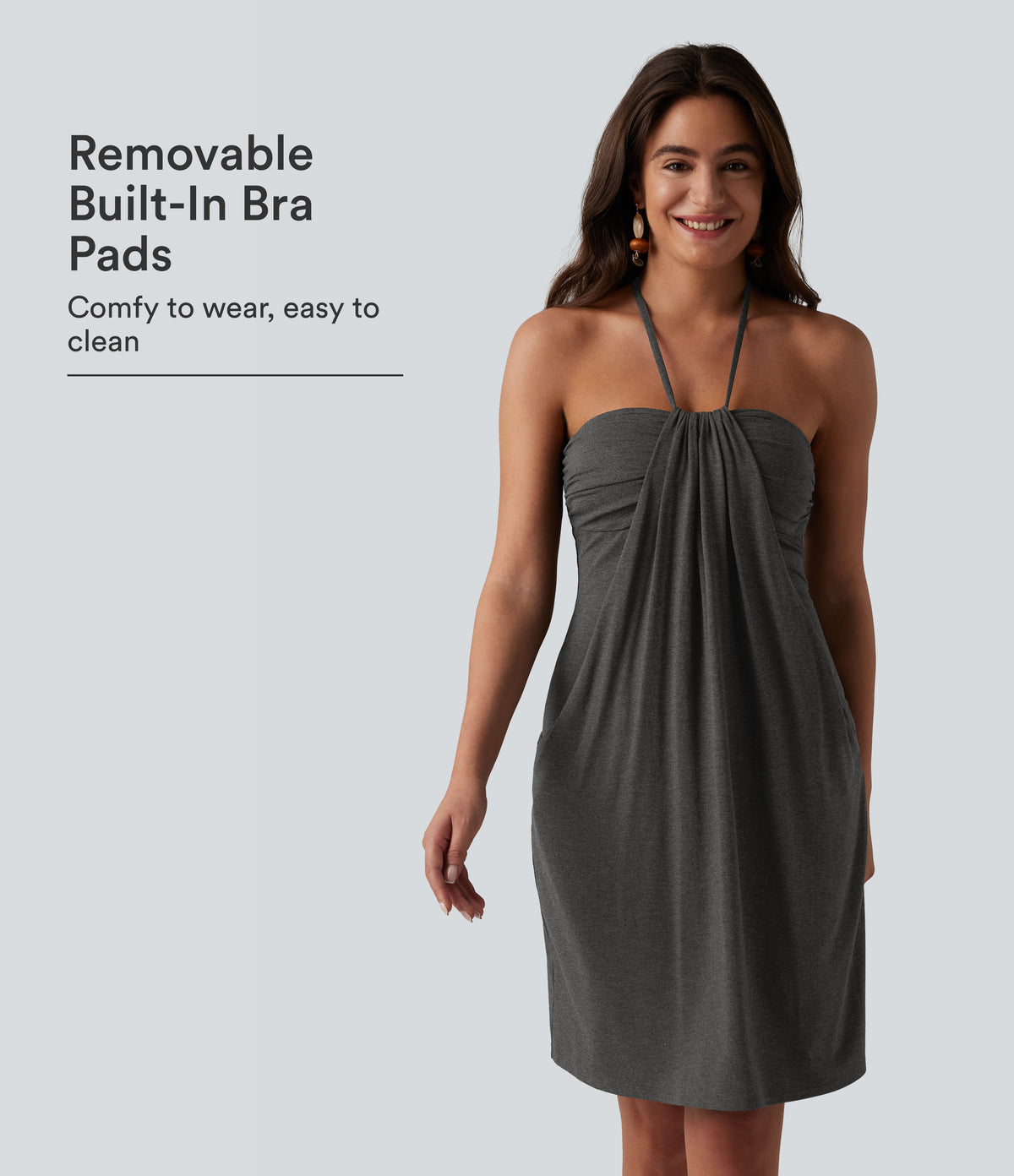 Halter Tie Back Built-in Bra Longer Mini Dress with Pockets — Darl Gray Floral Yarn — view 1