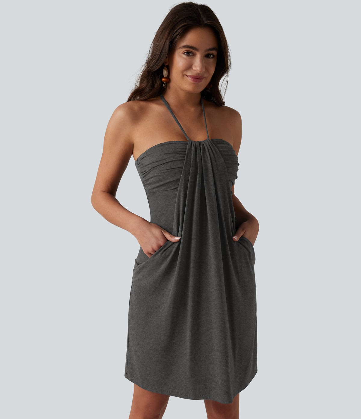Halter Tie Back Built-in Bra Longer Mini Dress with Pockets — Darl Gray Floral Yarn — view 4