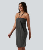 Halter Tie Back Built-in Bra Longer Mini Dress with Pockets — Darl Gray Floral Yarn — view 3