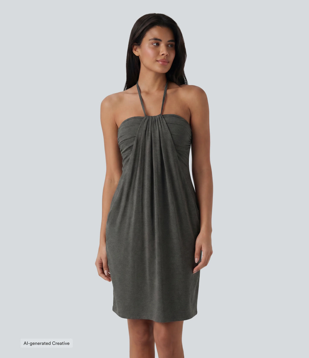 Halter Tie Back Built-in Bra Longer Mini Dress with Pockets — Darl Gray Floral Yarn — view 7