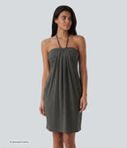 Halter Tie Back Built-in Bra Longer Mini Dress with Pockets — Darl Gray Floral Yarn — view 7