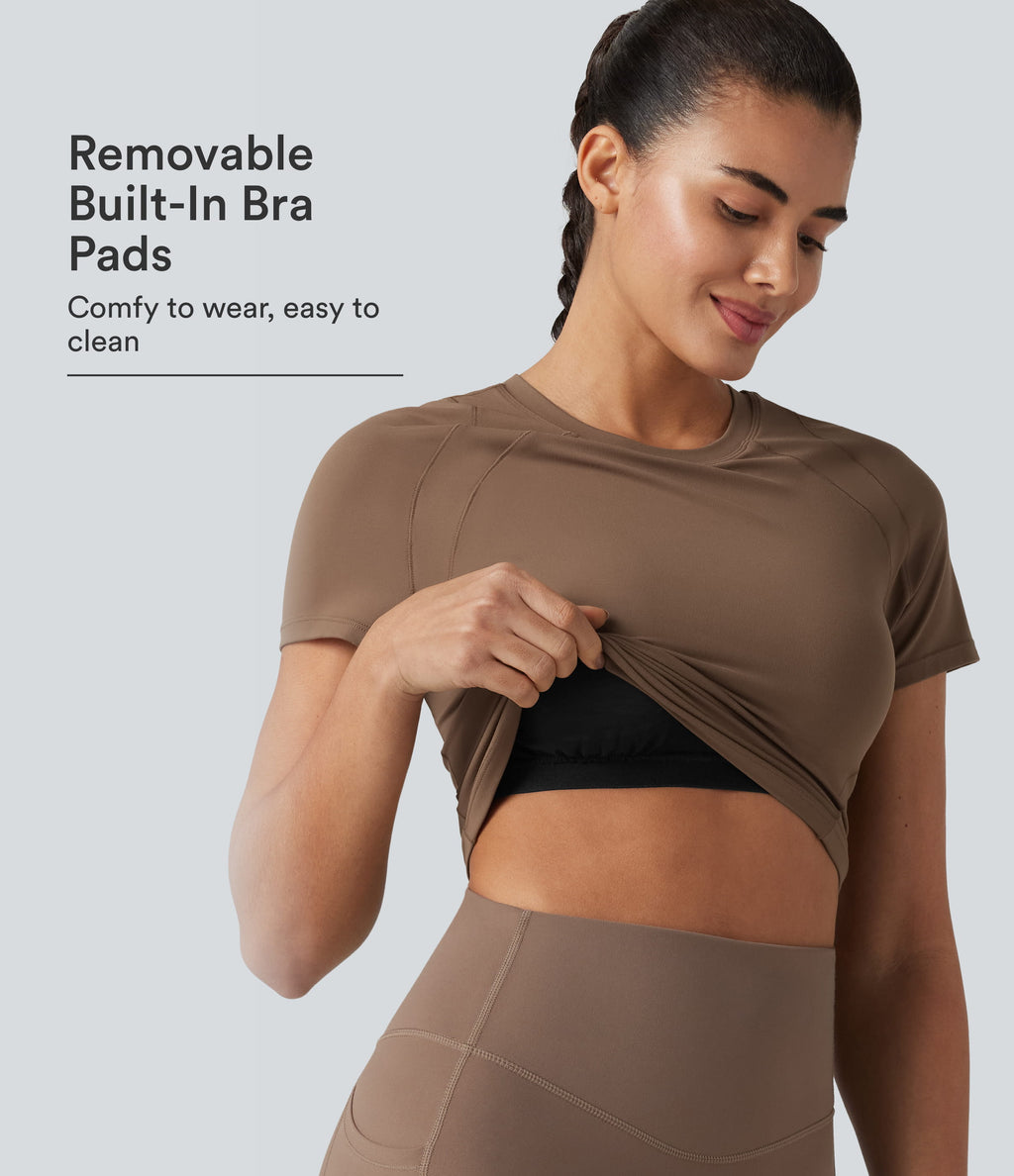 Round Neck Short Sleeve Built-in Bra Workout Sports Top — Muted Brown — view 1