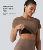 Round Neck Short Sleeve Built-in Bra Workout Sports Top — Muted Brown — view 1