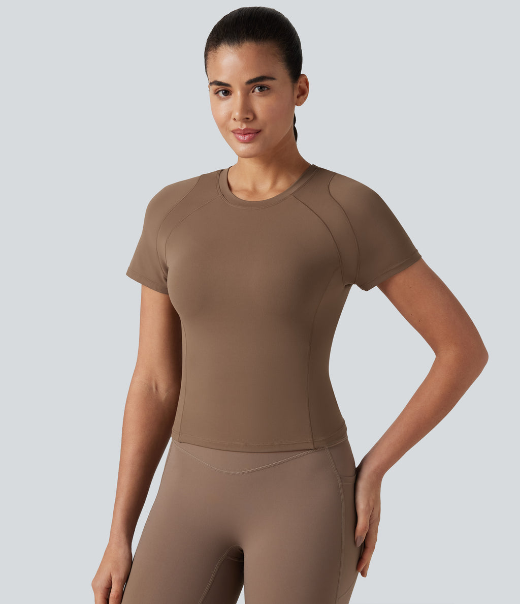 Round Neck Short Sleeve Built-in Bra Workout Sports Top — Muted Brown — view 7