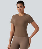 Round Neck Short Sleeve Built-in Bra Workout Sports Top — Muted Brown — view 7