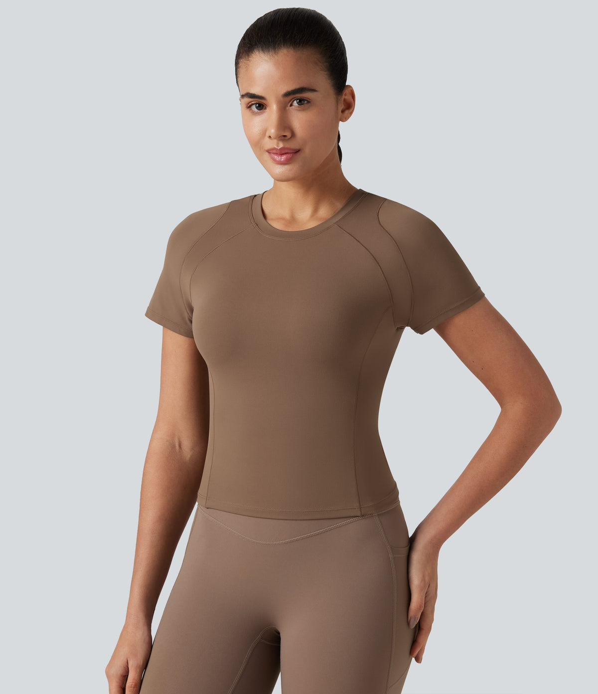 Round Neck Short Sleeve Built-in Bra Workout Sports Top — Muted Brown — view 7
