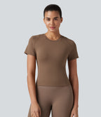 Round Neck Short Sleeve Built-in Bra Workout Sports Top — Muted Brown — view 3