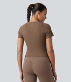 Round Neck Short Sleeve Built-in Bra Workout Sports Top — Muted Brown — view 2