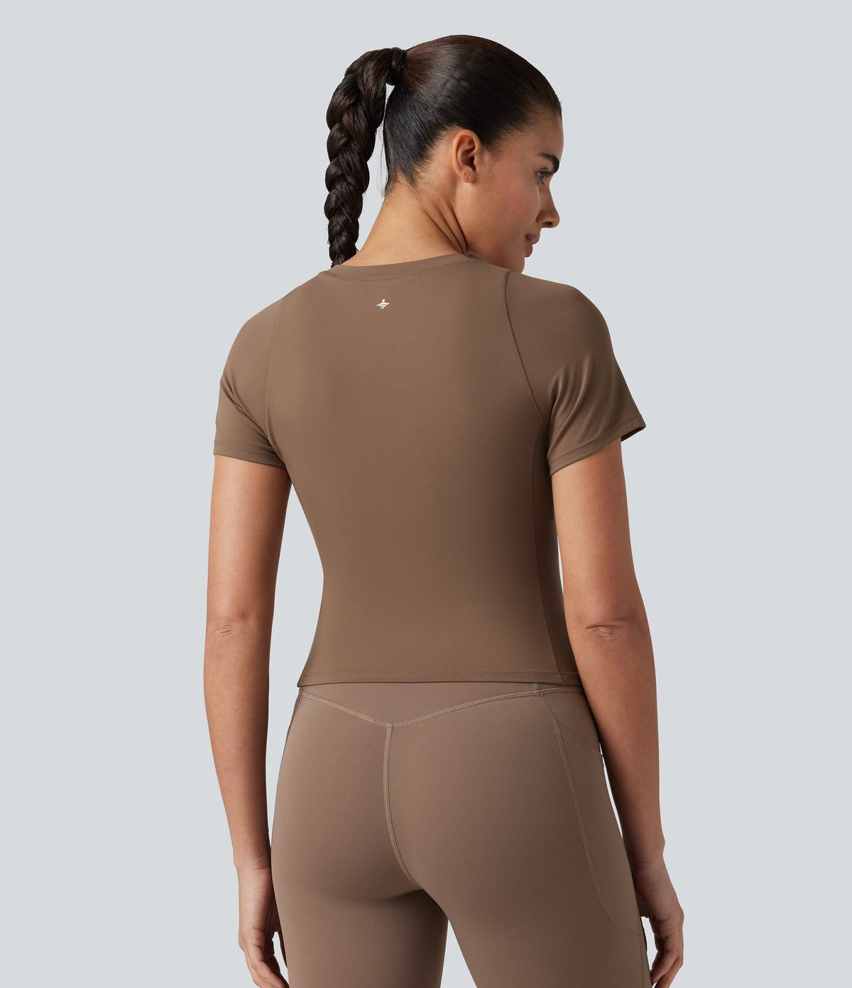 Round Neck Short Sleeve Built-in Bra Workout Sports Top — Muted Brown — view 2