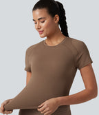 Round Neck Short Sleeve Built-in Bra Workout Sports Top — Muted Brown — view 5