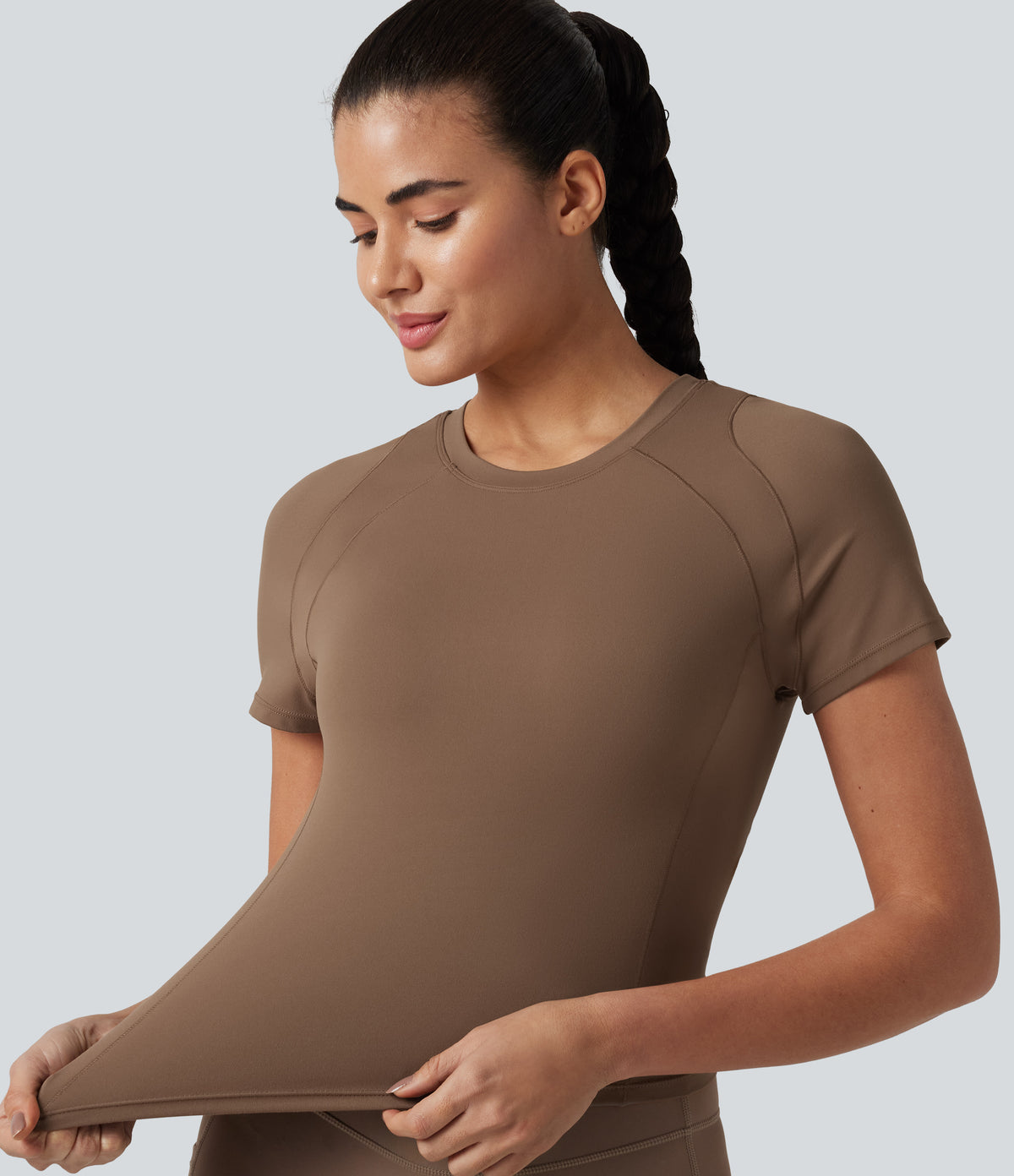 Round Neck Short Sleeve Built-in Bra Workout Sports Top — Muted Brown — view 5