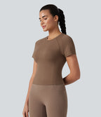 Round Neck Short Sleeve Built-in Bra Workout Sports Top — Muted Brown — view 4
