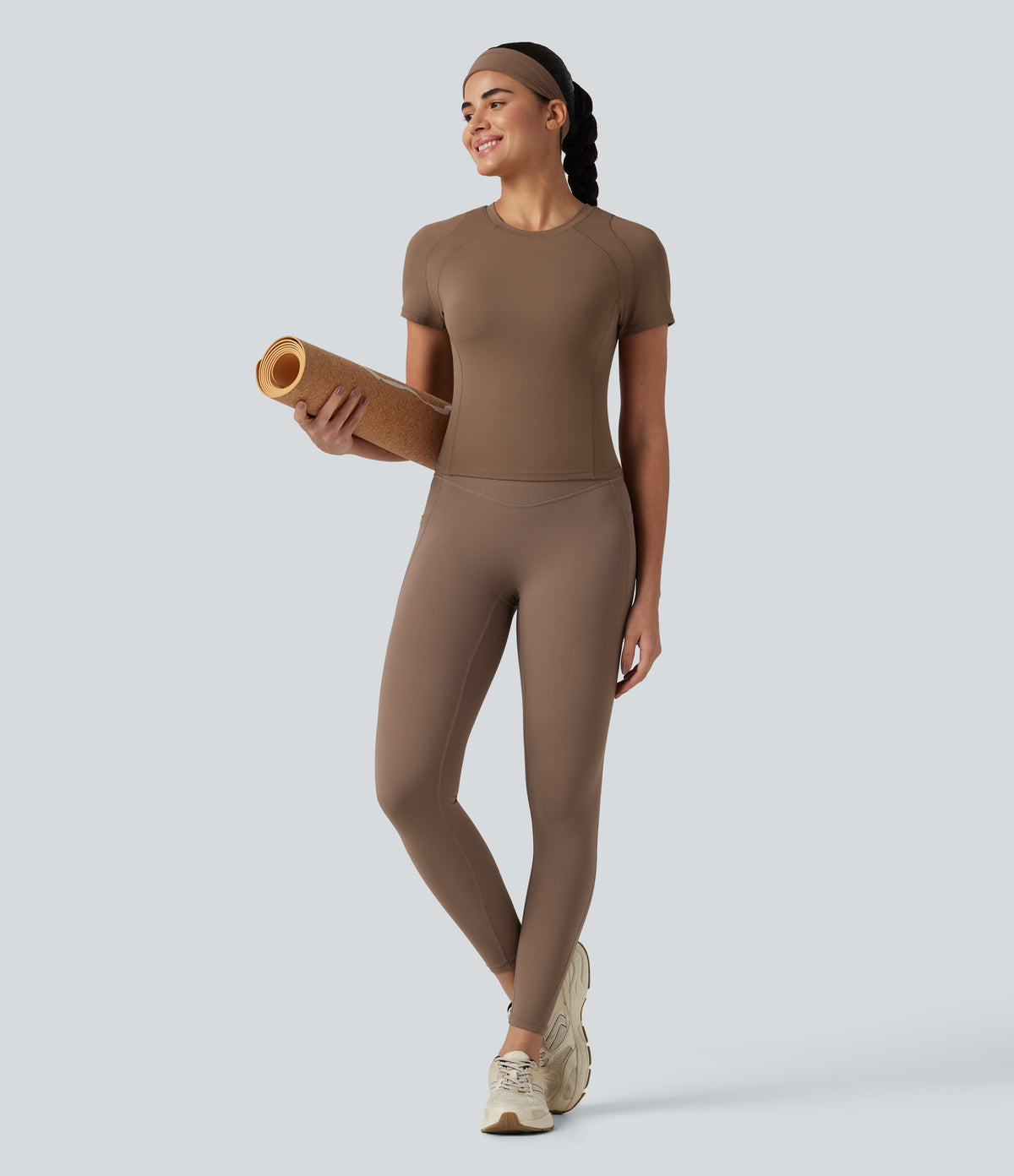 Round Neck Short Sleeve Built-in Bra Workout Sports Top — Muted Brown — view 8