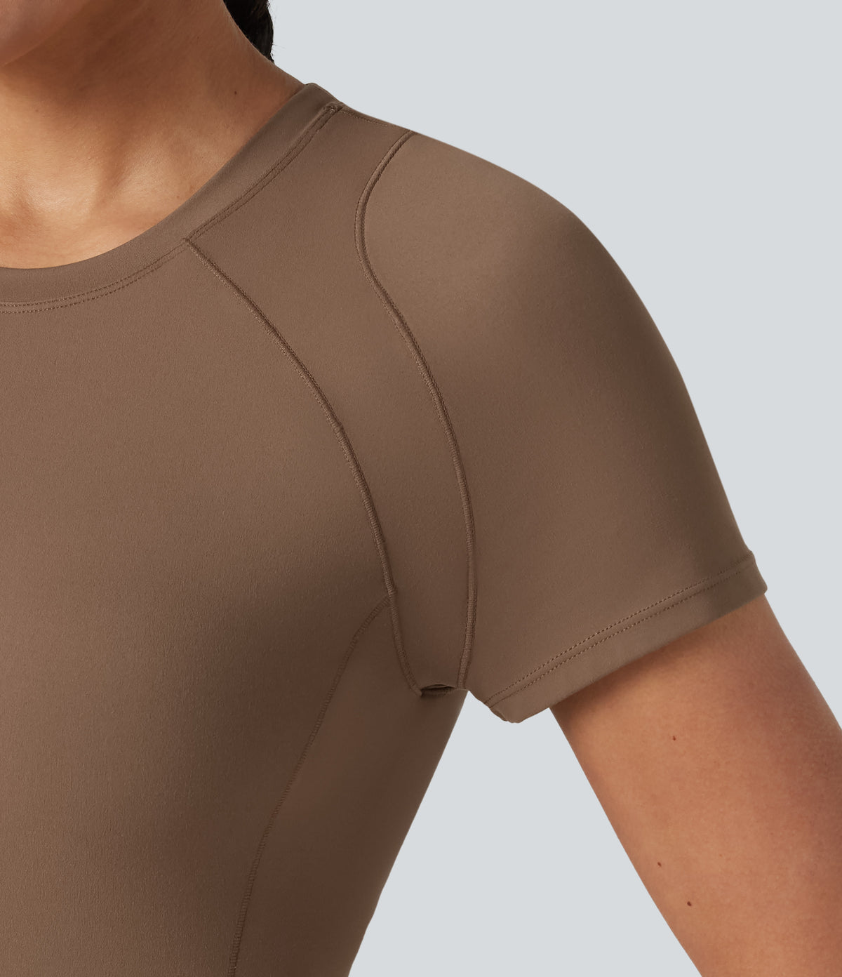 Round Neck Short Sleeve Built-in Bra Workout Sports Top — Muted Brown — view 6
