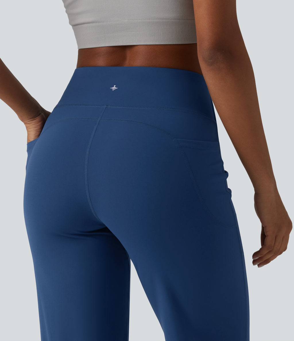 High Waisted Tummy Control Dance Balloon Joggers with Pockets — Navy Peony — view 4