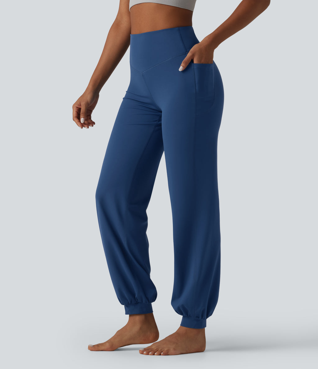 High Waisted Tummy Control Dance Balloon Joggers with Pockets — Navy Peony — view 3