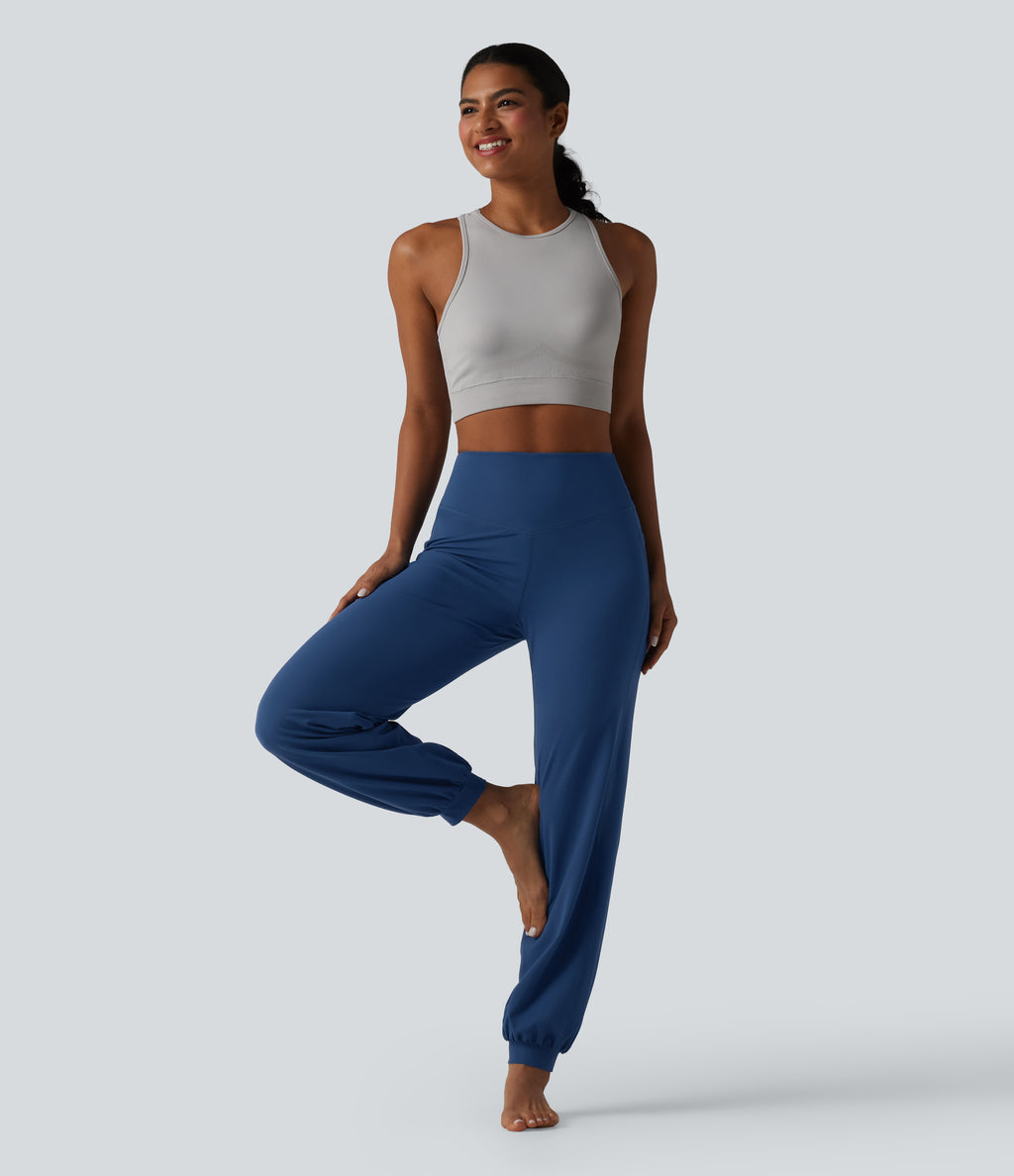High Waisted Tummy Control Dance Balloon Joggers with Pockets — Navy Peony — view 6