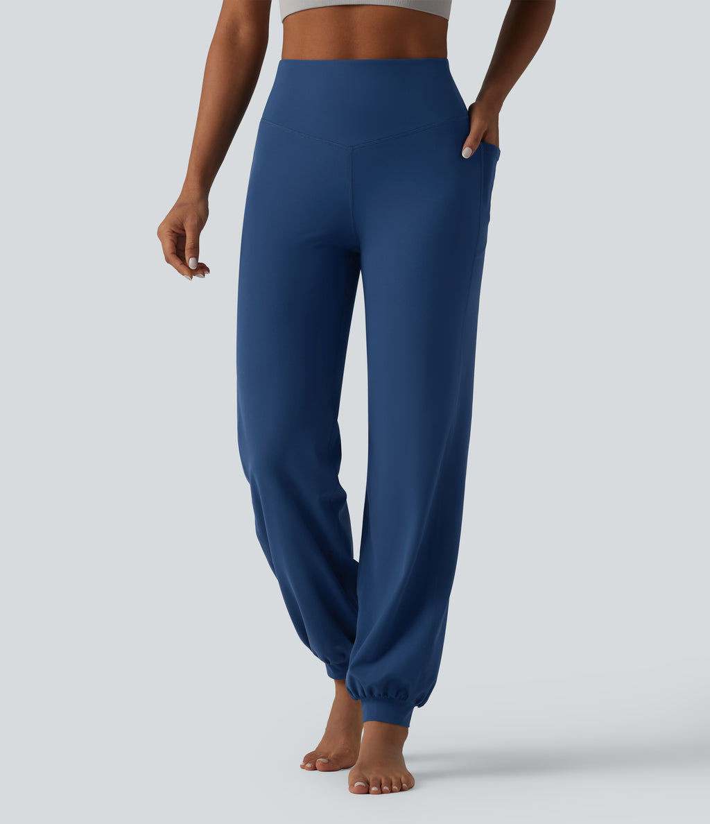 High Waisted Tummy Control Dance Balloon Joggers with Pockets — Navy Peony — view 2