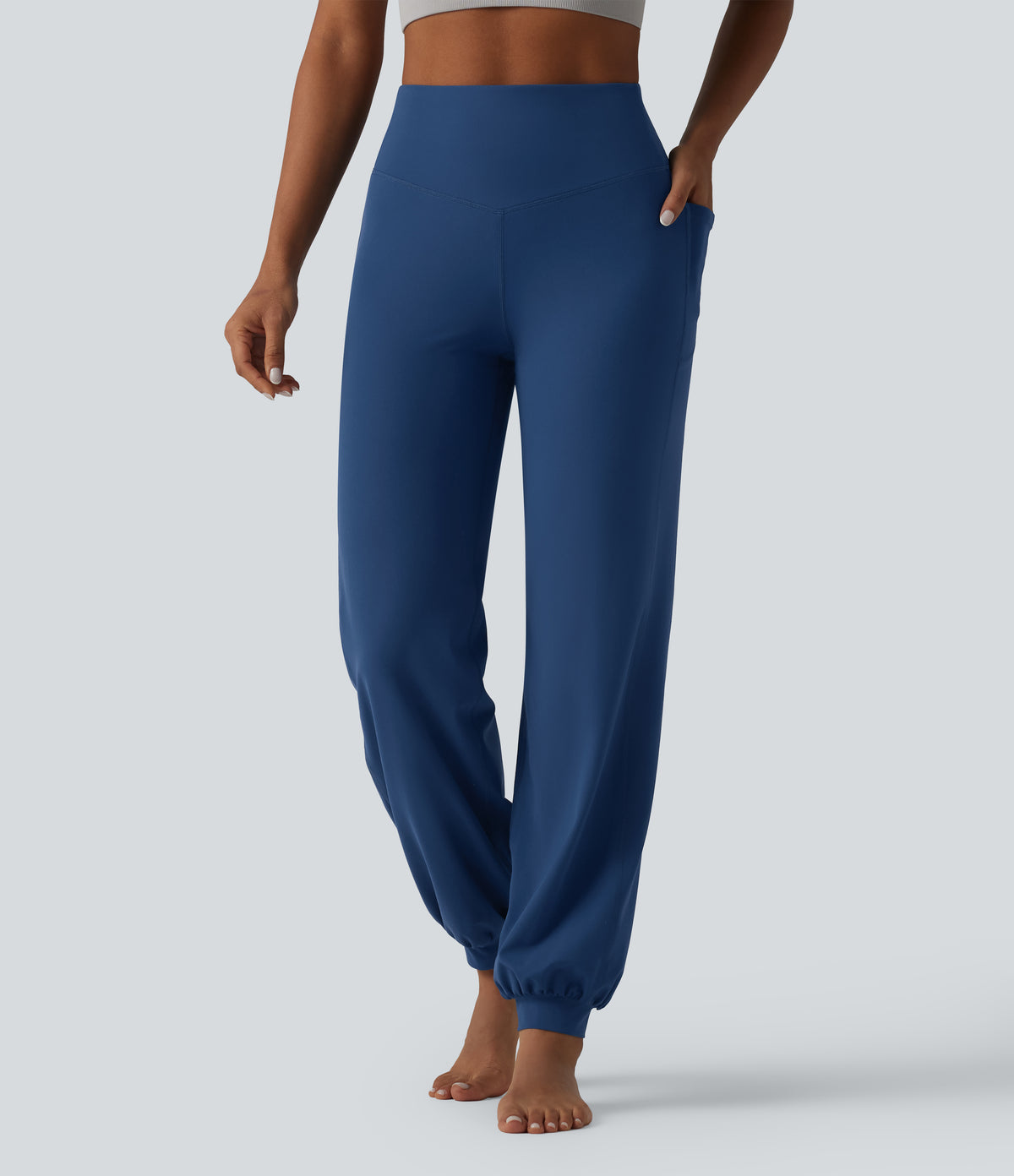 High Waisted Tummy Control Dance Balloon Joggers with Pockets — Navy Peony — view 2