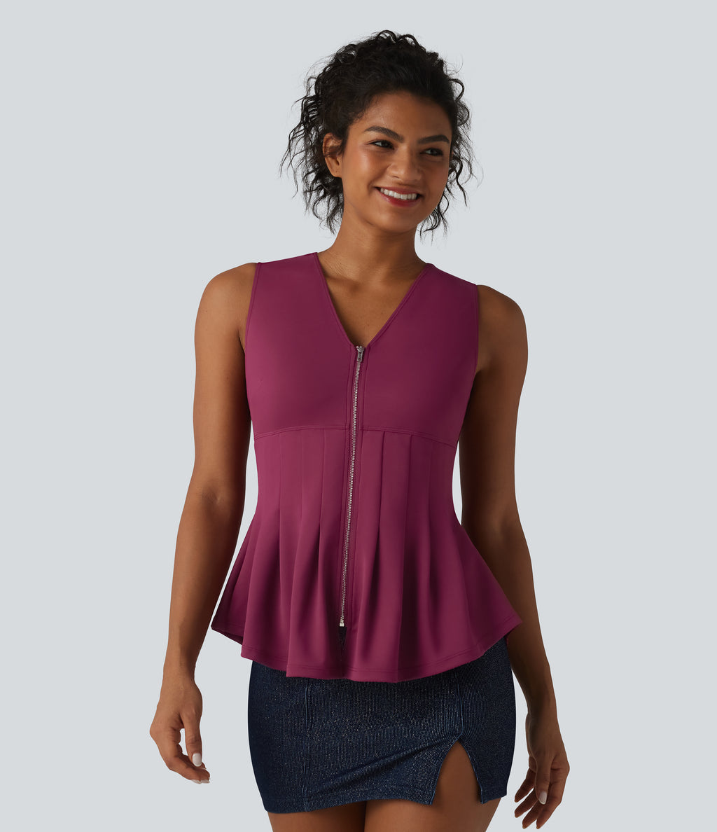 V Neck Zipper Crepe Casual Tank Top — Beaujolais — view 3