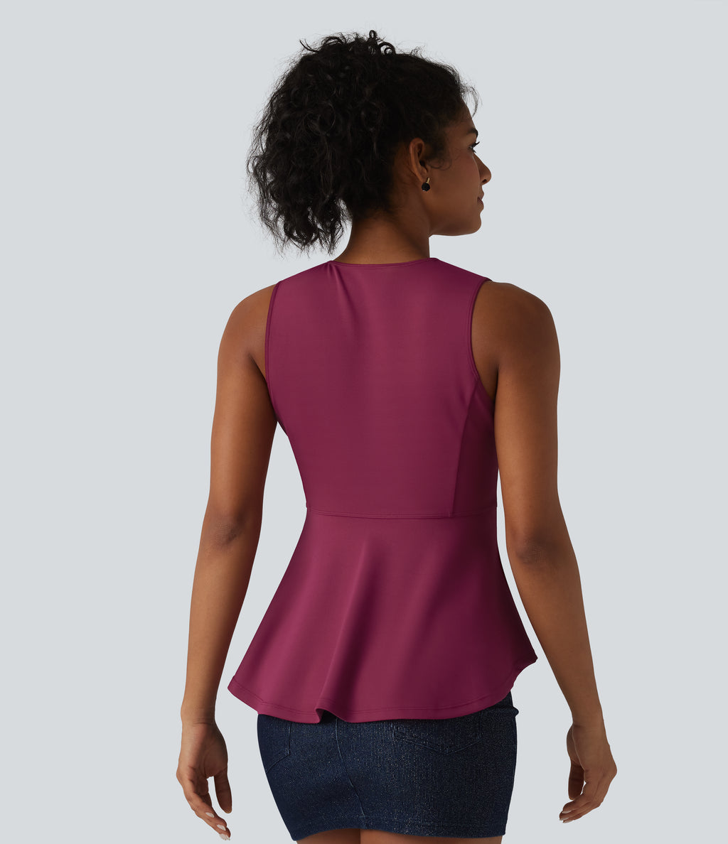 V Neck Zipper Crepe Casual Tank Top — Beaujolais — view 2