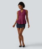 V Neck Zipper Crepe Casual Tank Top — Beaujolais — view 7
