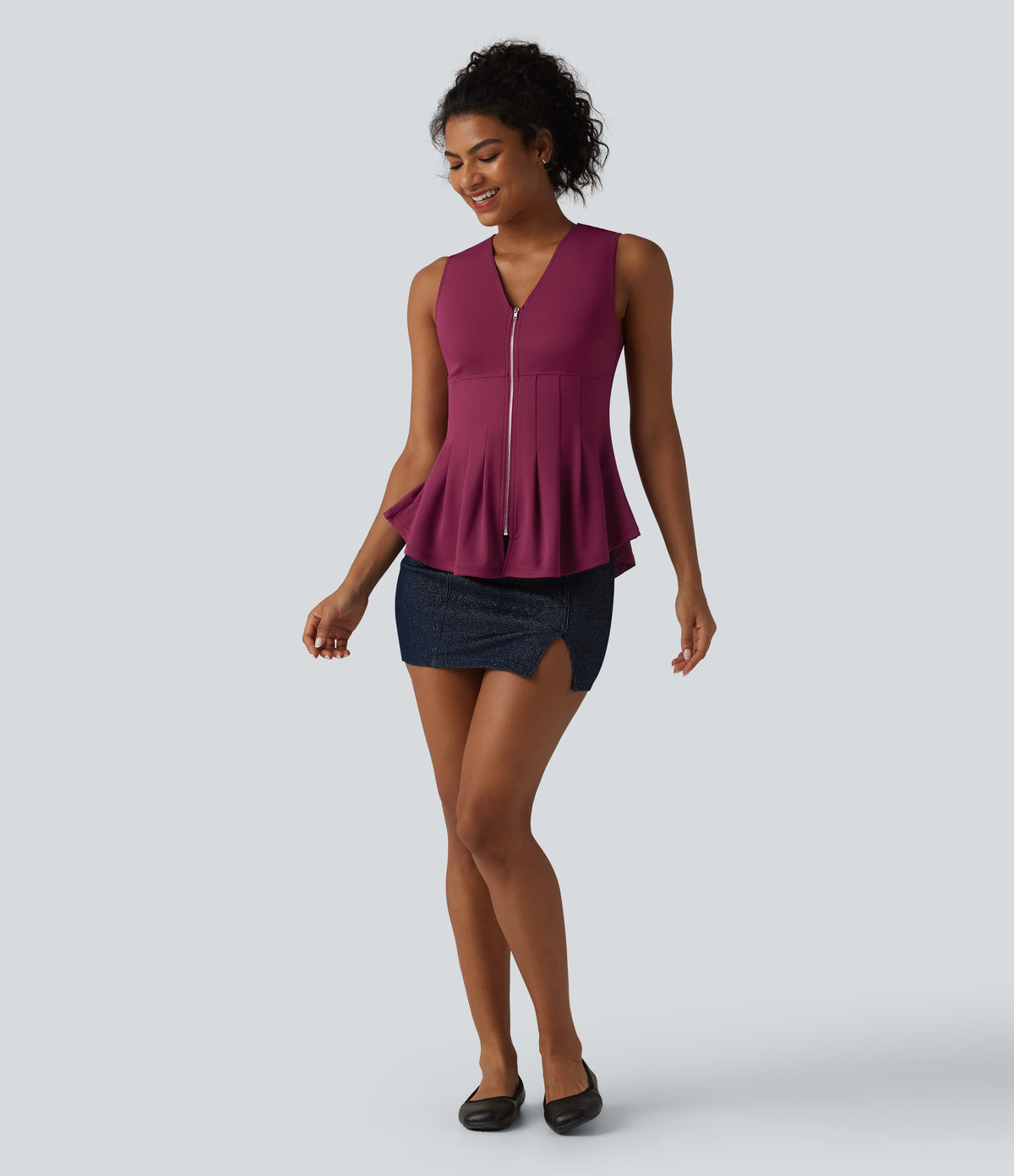 V Neck Zipper Crepe Casual Tank Top — Beaujolais — view 7